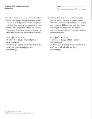 Solve vertical motion quadratics worksheet preview