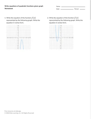 Write equations of quadratic functions given graph worksheet preview