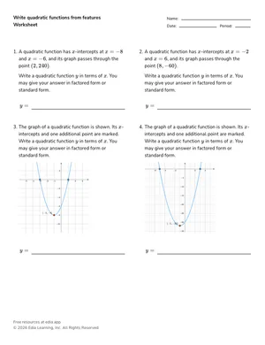 Write a quadratic function from x-intercepts and a point worksheet preview