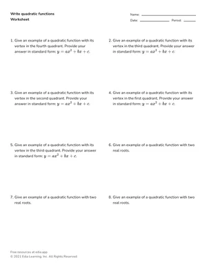 Write quadratic functions worksheet preview