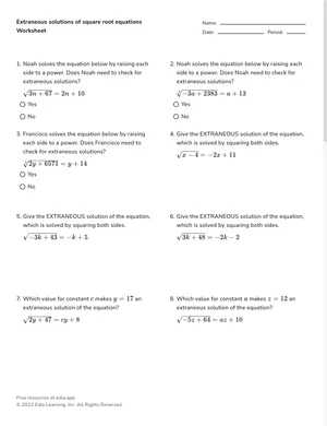 Extraneous solutions of square root equations worksheet preview