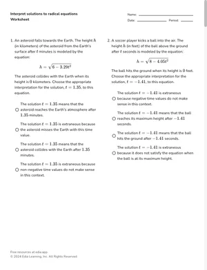 Interpret solutions to radical equations worksheet preview