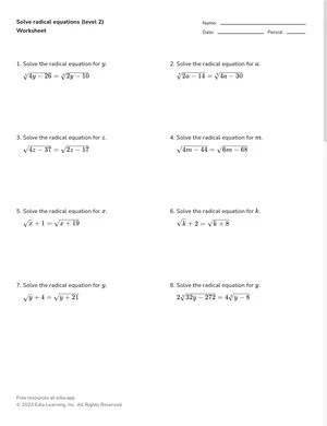 Solve radical equations — intermediate worksheet preview