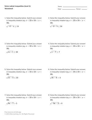 Solve radical inequalities — foundational worksheet preview