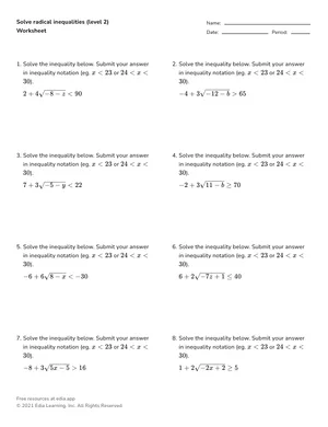 Solve radical inequalities — intermediate worksheet preview