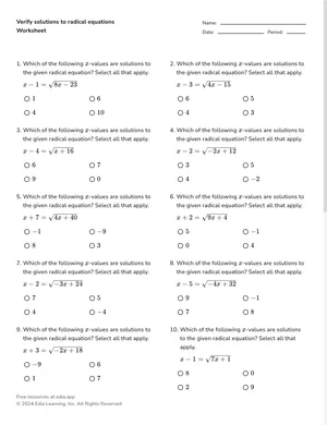 Verify solutions to radical equations worksheet preview