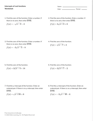 Intercepts of root functions worksheet preview