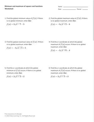 Minimum and maximum of square root functions worksheet preview