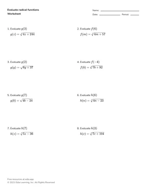 Evaluate radical functions worksheet preview