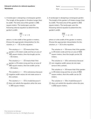 Interpret solutions to rational equations worksheet preview