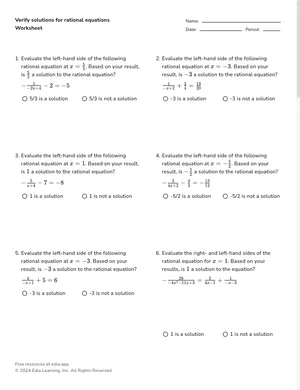 Verify solutions for rational equations worksheet preview