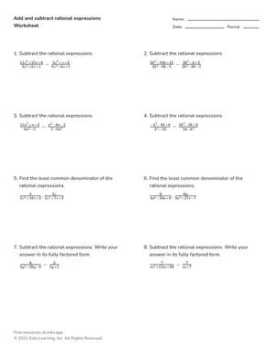 Add and subtract rational expressions worksheet preview