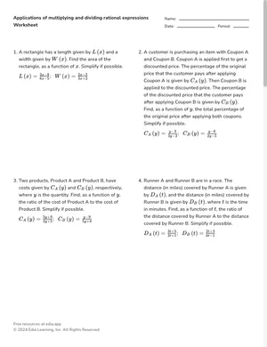 Applications of multiplying and dividing rational expressions worksheet preview
