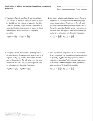 Applications of adding and subtracting rational expressions worksheet preview