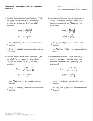 Determine if rational expressions are equivalent worksheet preview