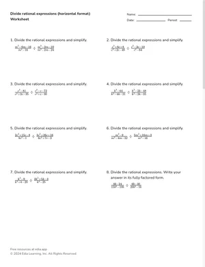 Divide rational expressions (horizontal format) worksheet preview