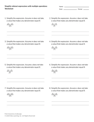 Simplify rational expressions with multiple operations worksheet preview