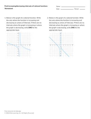 Find increasing/decreasing intervals of rational functions worksheet preview