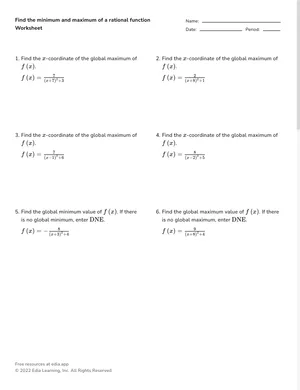 Find the minimum and maximum of a rational function worksheet preview
