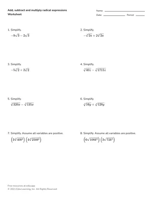 Add, subtract and multiply radical expressions worksheet preview