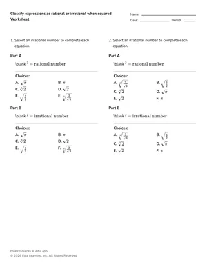 Classify expressions as rational or irrational when squared worksheet preview