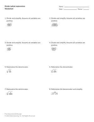 Divide radical expressions worksheet preview