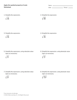 Apply the quotient property of roots worksheet preview