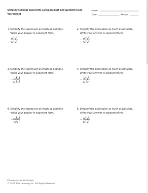 Simplify rational exponents using product and quotient rules worksheet preview