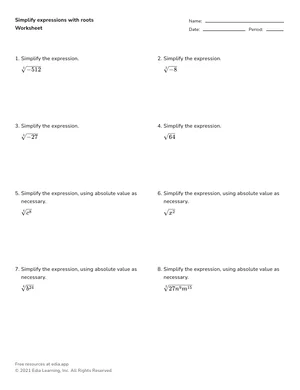 Simplify expressions with roots worksheet preview
