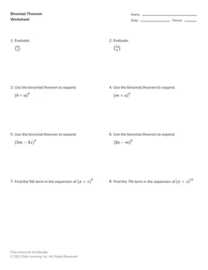 Binomial Theorem worksheet preview