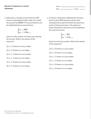 Domain of sequences in context worksheet preview