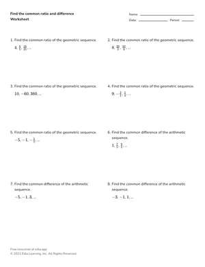 Find the common ratio and difference worksheet preview
