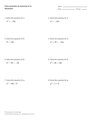 Solve quadratics by factoring (a=1) worksheet preview
