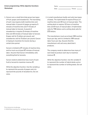 Linear programming: Write objective functions worksheet preview