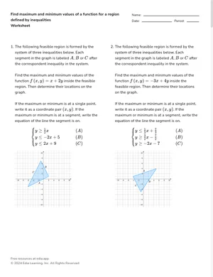 Find maximum and minimum values of a function for a region defined by inequalities worksheet preview