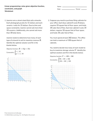 Linear programming: solve given objective function, constraints, and graph worksheet preview