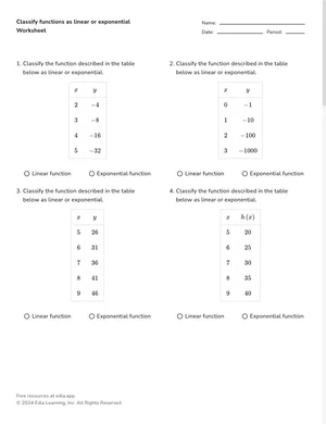 Classify functions as linear or exponential worksheet preview