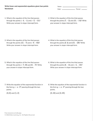 Write linear and exponential equations given two points worksheet preview
