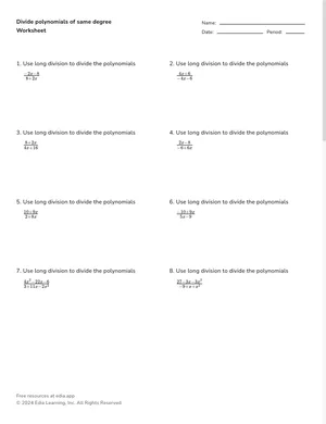 Divide polynomials of same degree worksheet preview