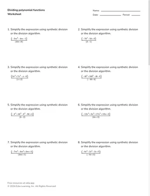 Dividing polynomial functions worksheet preview