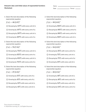 Interpret rates and initial values of exponential functions worksheet preview