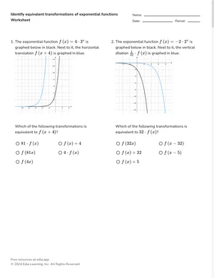Identify equivalent transformations of exponential functions worksheet preview