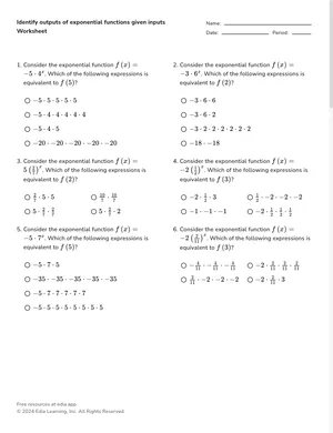 Identify outputs of exponential functions given inputs worksheet preview