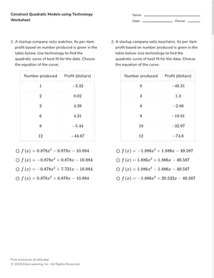 Construct quadratic models using technology worksheet preview