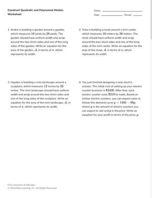 Write quadratic functions from context worksheet preview