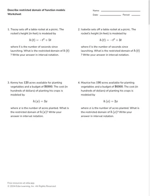 Describe restricted domain of function models worksheet preview
