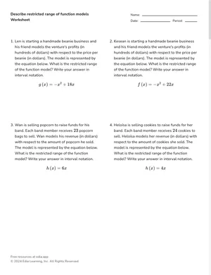 Describe restricted range of function models worksheet preview