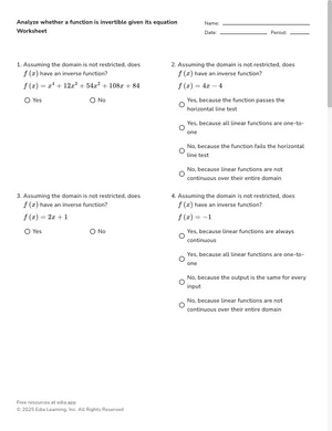Analyze whether a function is invertible given its equation worksheet preview