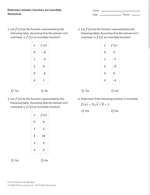 Determine whether functions are invertible worksheet preview