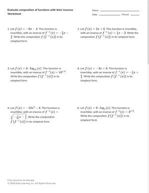 Evaluate composition of functions with their inverses worksheet preview